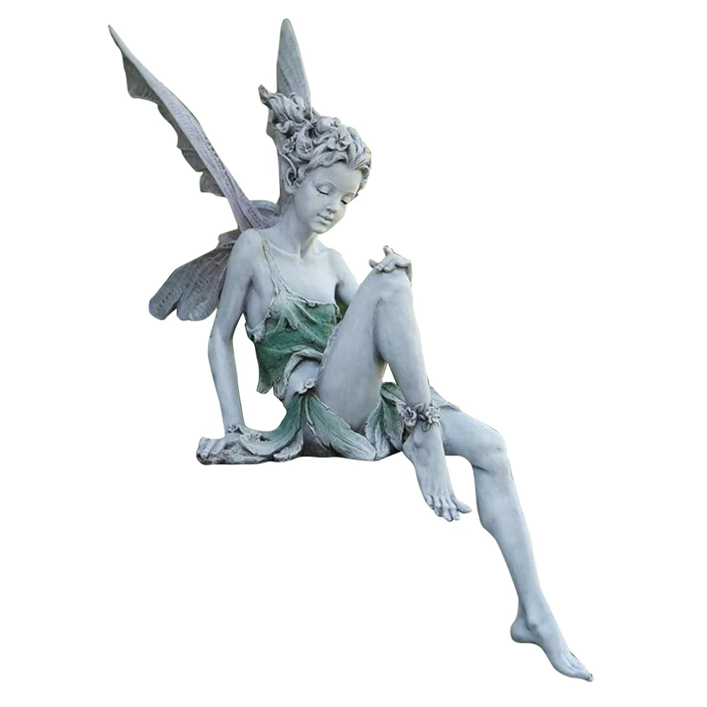 Flower Fairy Sculpture Resin Turek Sitting Statue Angel Yard Decor (White)