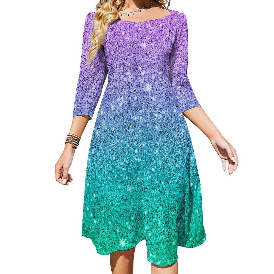 Purple And Green Glitter Texture Ombre Dress Sweetheart Tie Back Flared 3/4 Sleeve Midi Dresses