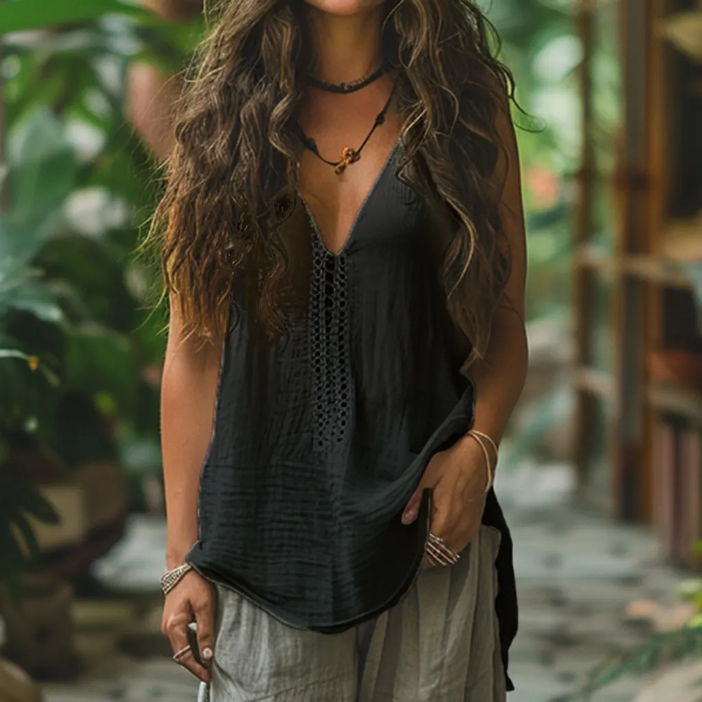Retro Loose, Comfortable And Breathable Ethnic Style Linen V-neck Suspender Sleeveless Top