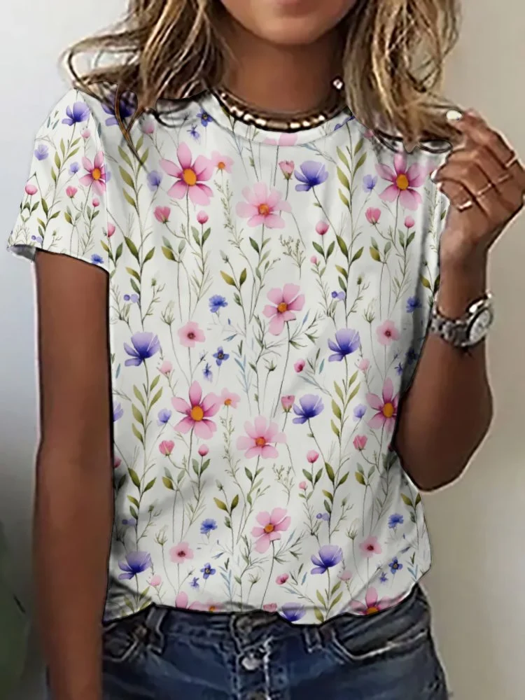 Printed Short Sleeve Casual T-shirt for  Women and Men Unisex Pattern Floral, Red, Colorful, Blue