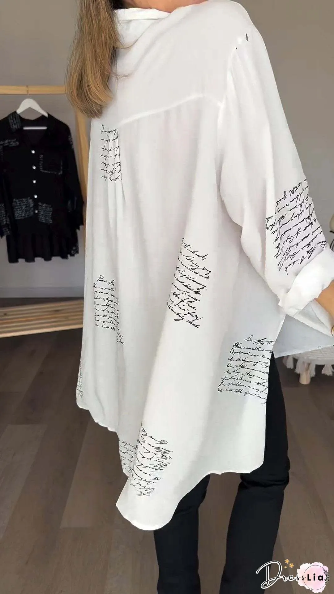 Text Letters Casual Lace Loose Long Sleeve Blouse