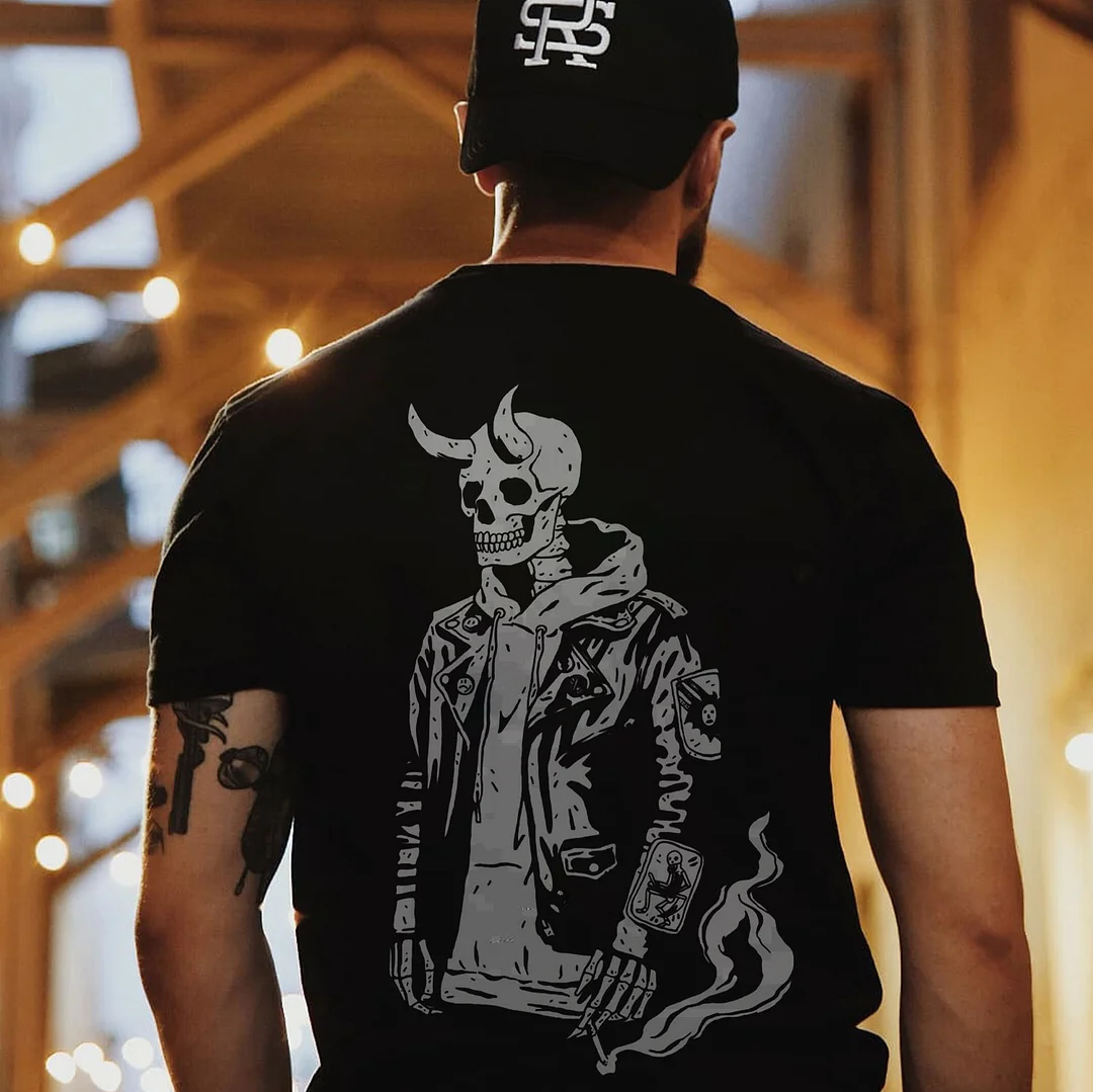 Skeleton with Horns Dress Up Casual Graphic Black Print T-shirt