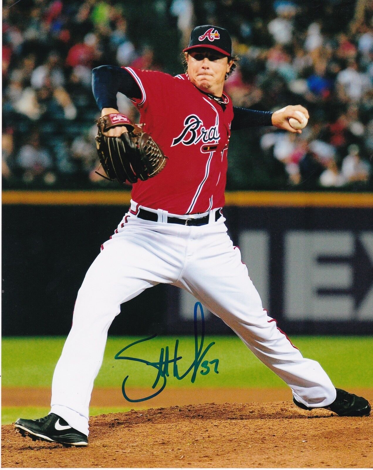 SCOTT DOWNS ATLANTA BRAVES ACTION SIGNED 8x10