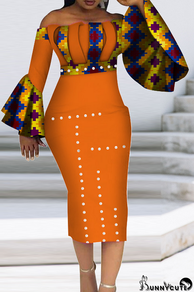 Orange Yellow Vintage Print Patchwork Off the Shoulder Pencil Skirt Dresses