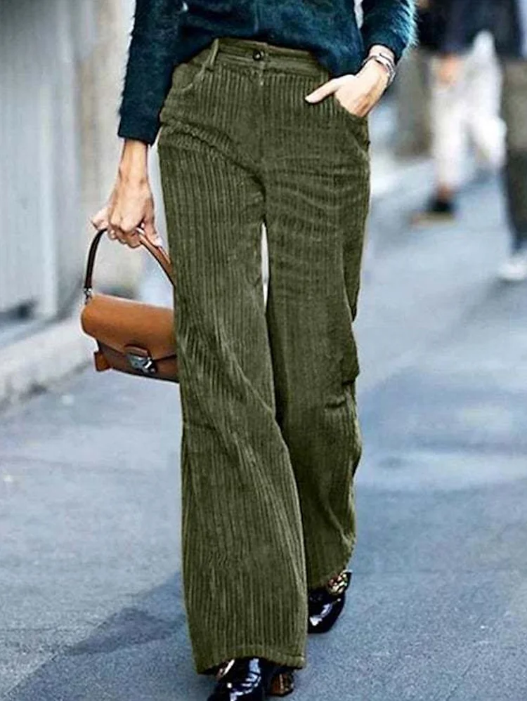 Daily Button Up Pocket Solid Green Corduroy Wide Leg Pants