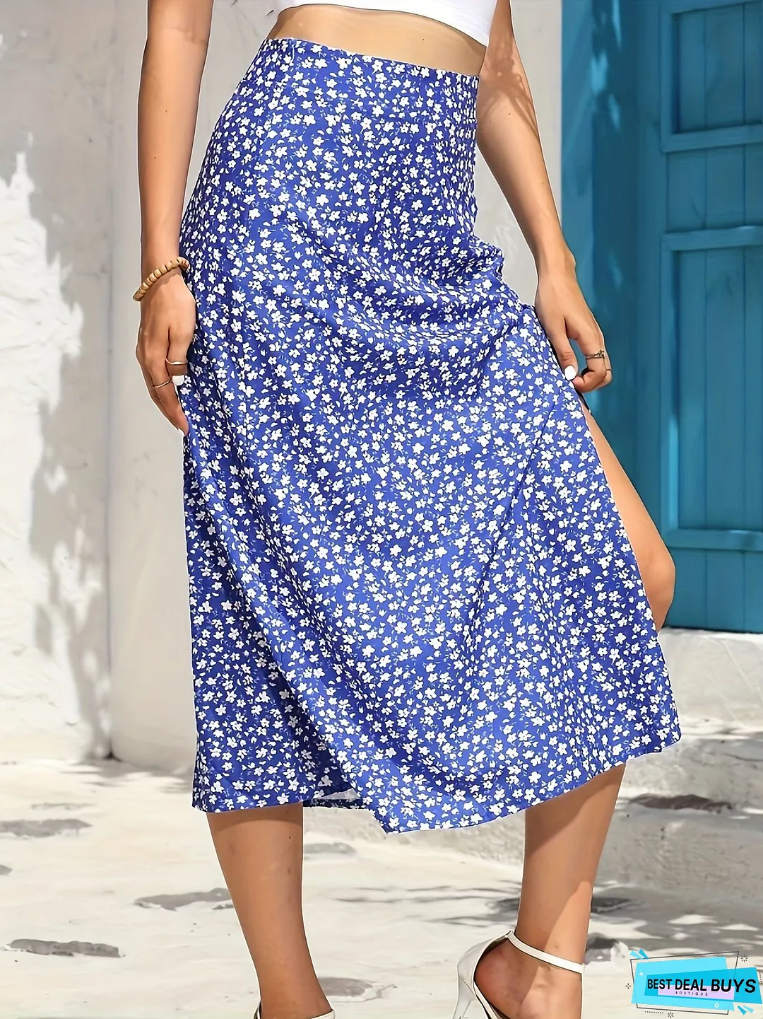 Floral Print Midi Skirt, Side Slit Casual Skirt For Summer & Spring, Women's Clothing