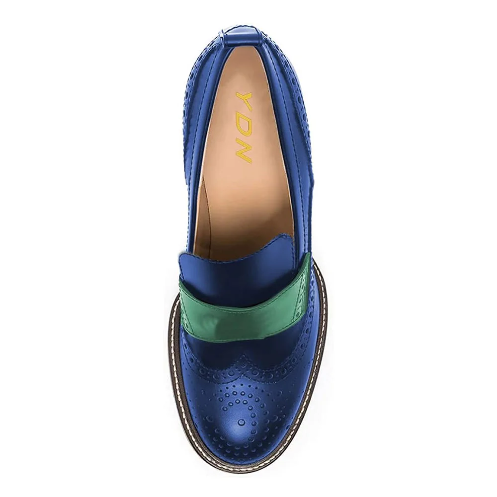 Blue Round Toe Perforated Pattern Chunky Heel Women's Loafers