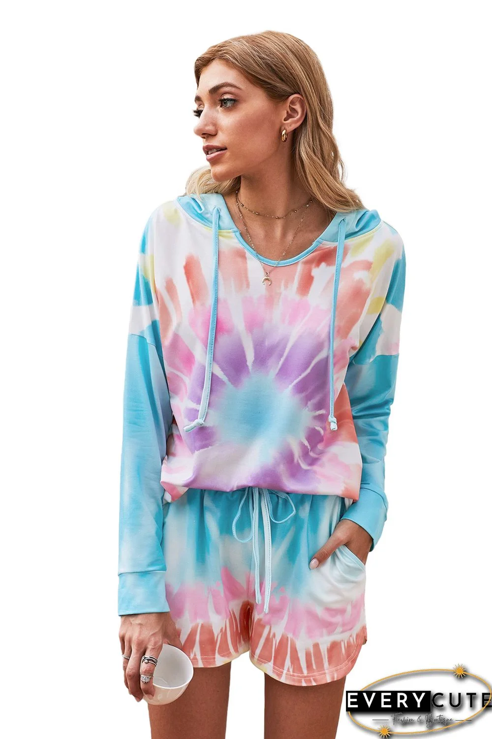 Multicolor Dip Dye Hooded Lounge Sweatshirt Shorts Set