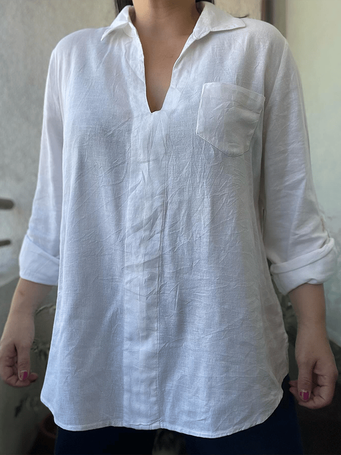 Women's V-Neck Pocket Design Loose Casual Shirt