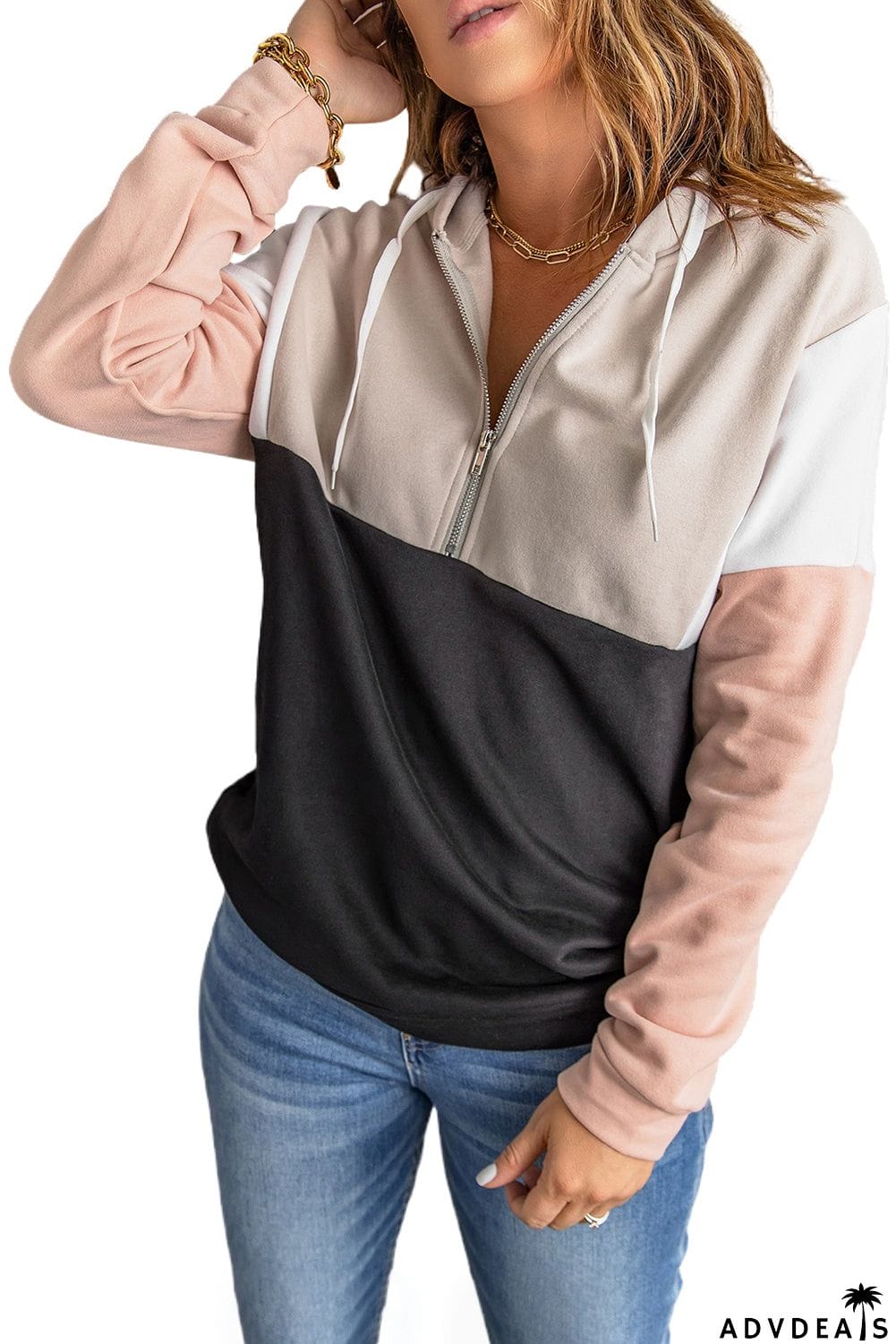 Pink Colorblock Quarter Zip Pullover Hoodie