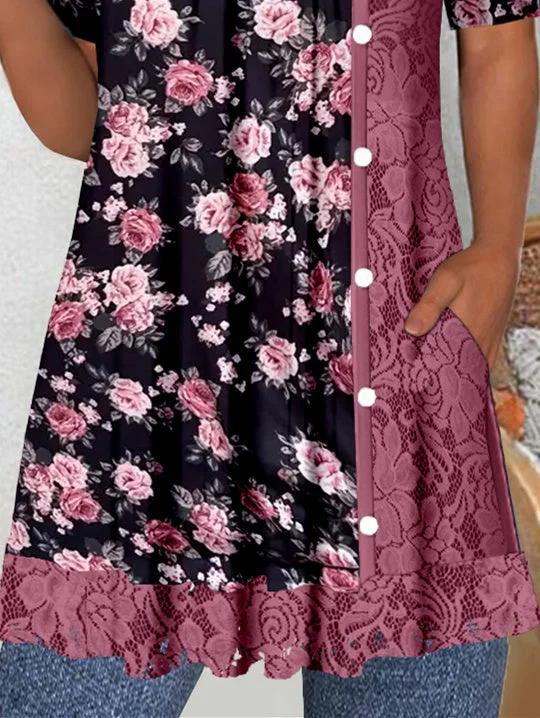 Women's Short Sleeve Scoop Neck Graphic Lace Pockets Tops