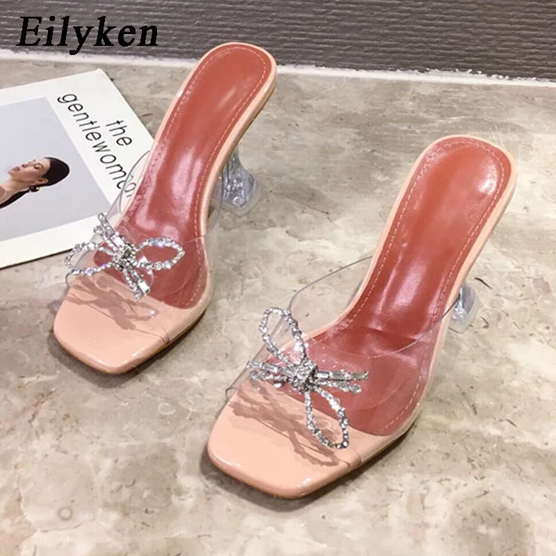Eilyken PVC Transparent Crystal Sun Flowers Buckle Womens Slippers Summer Square Toe Ladies Strange High Heels Sandals Shoes