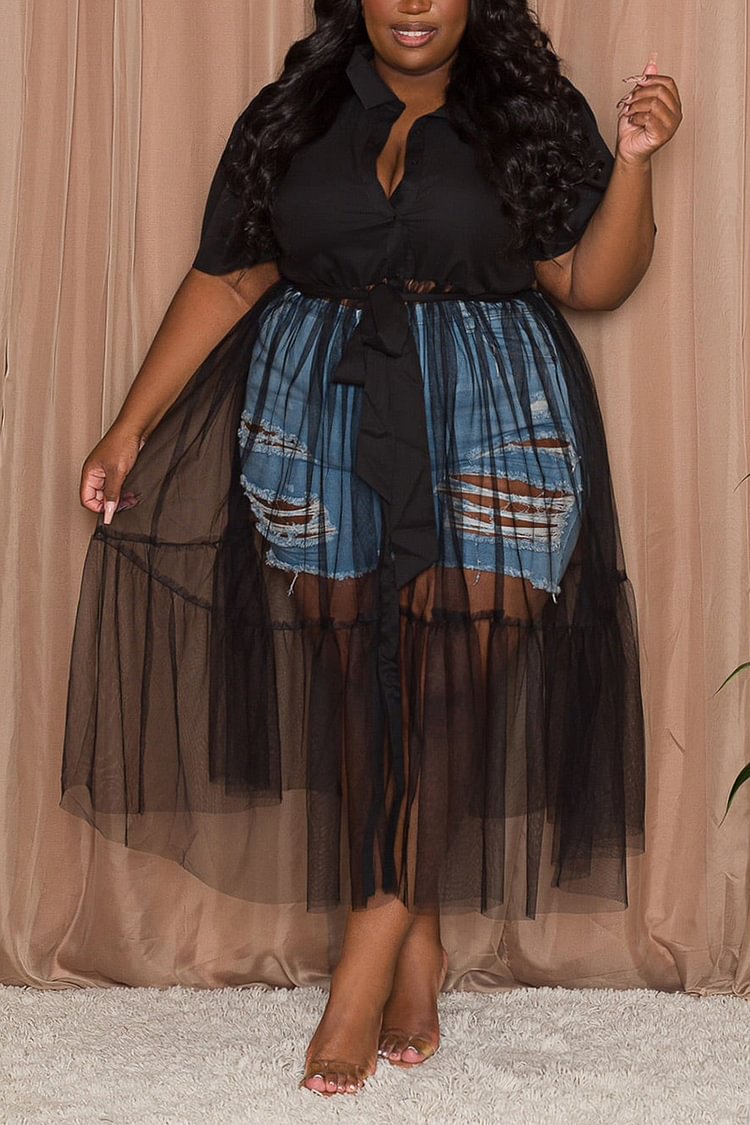 Xpluswear Plus Size Casual Solid Shirt Stitching Mesh Tulle See Through Maxi Dresses 5835