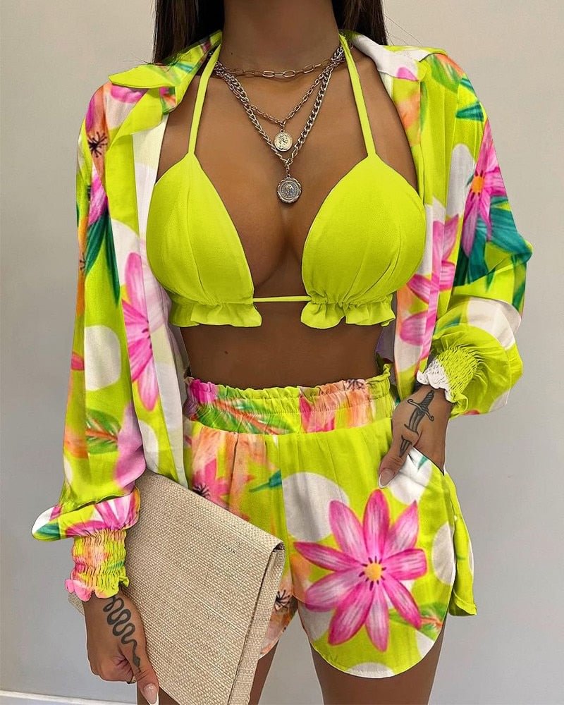 Summer 3 Piece Set Outfits Women Fashion Sexy Beach Style Printed Suspender Cardigans Shorts Pants Suit Three Piece Set Women