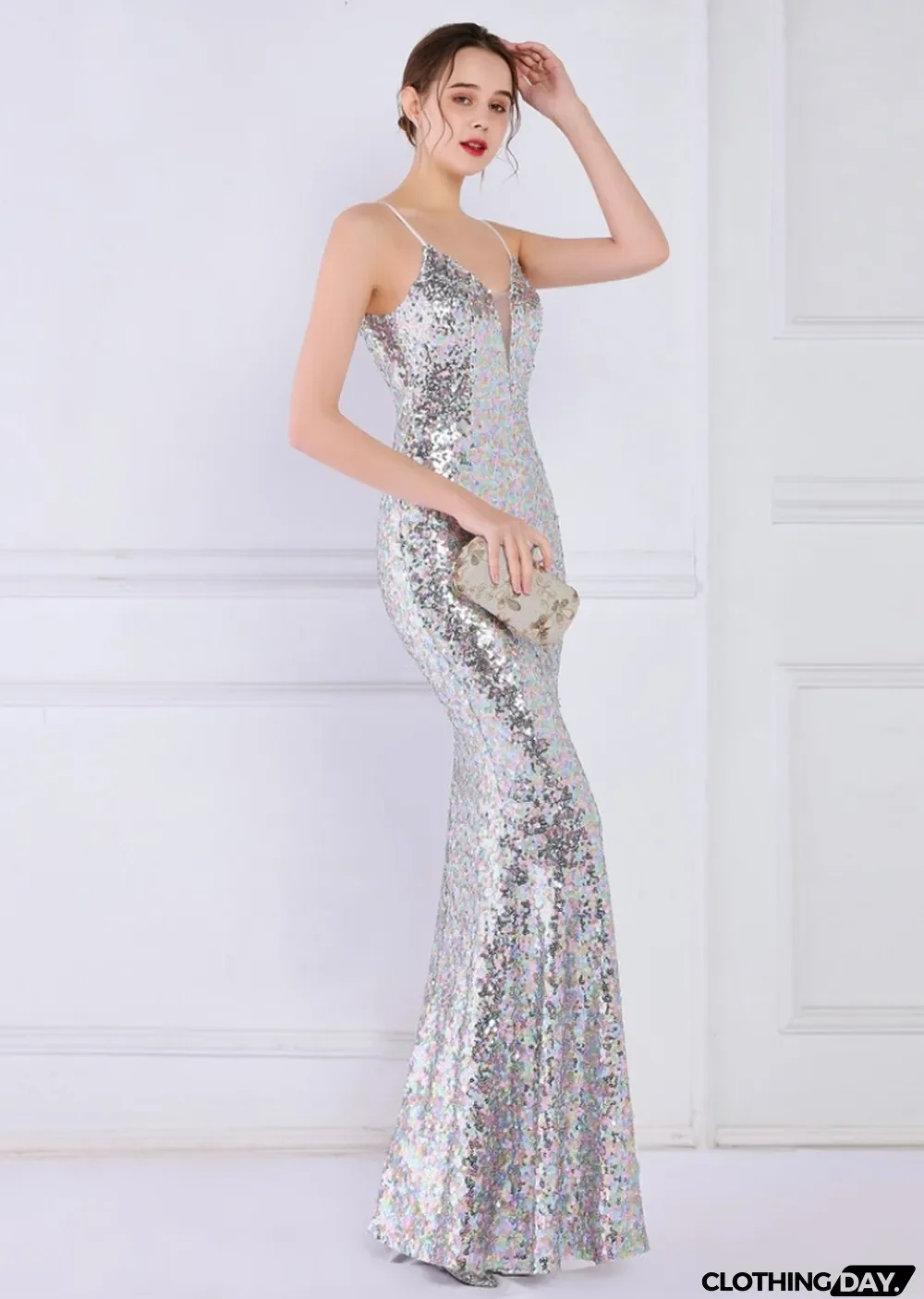 Women Summer Silver Modest Strap Sleeveless Sequined Mermaid Evening Dress