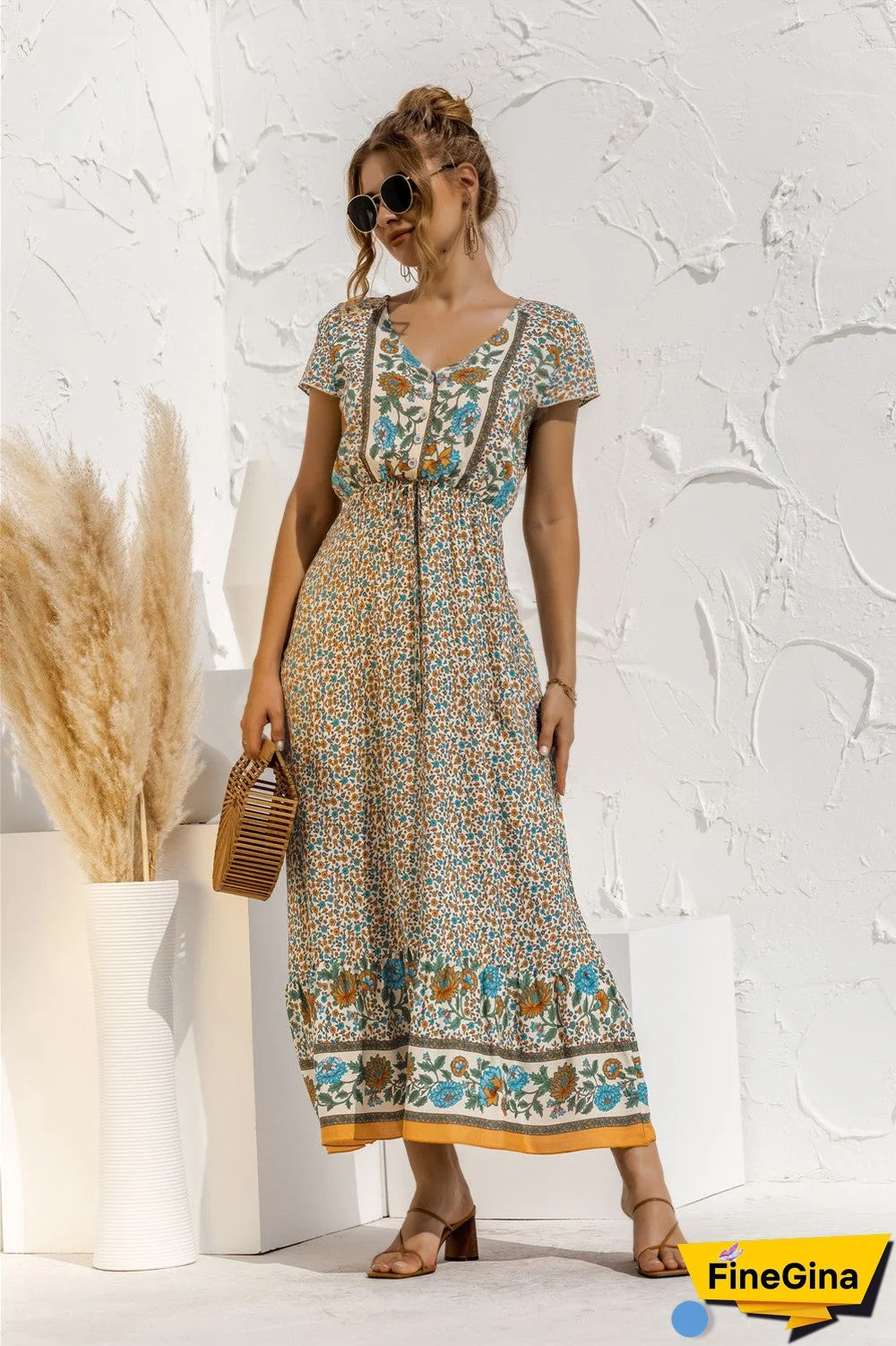 Short Sleeve V Neck Floral Maxi Dress