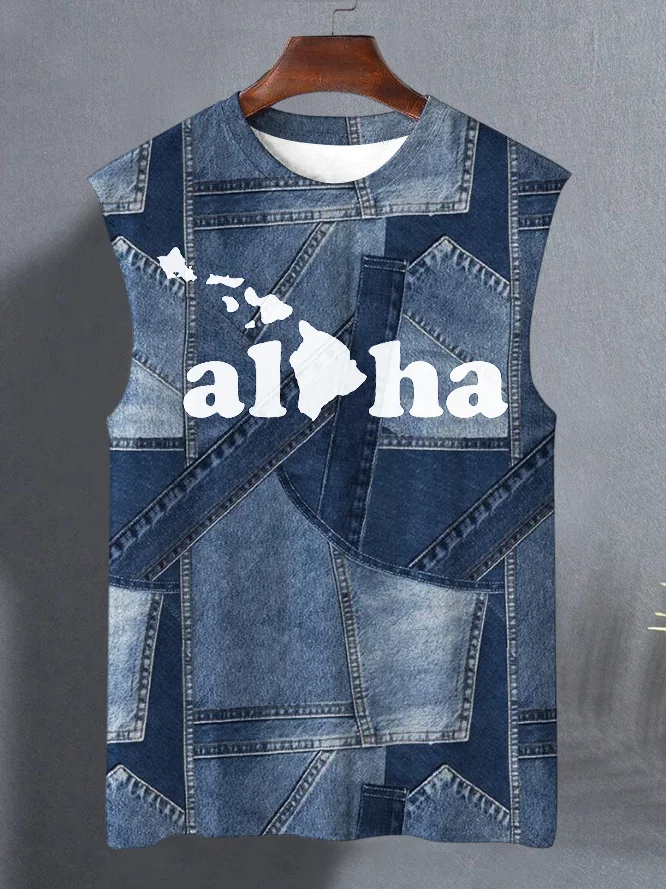 Men's Aloha Hawaii Art Denim Stitching Print Tank Top