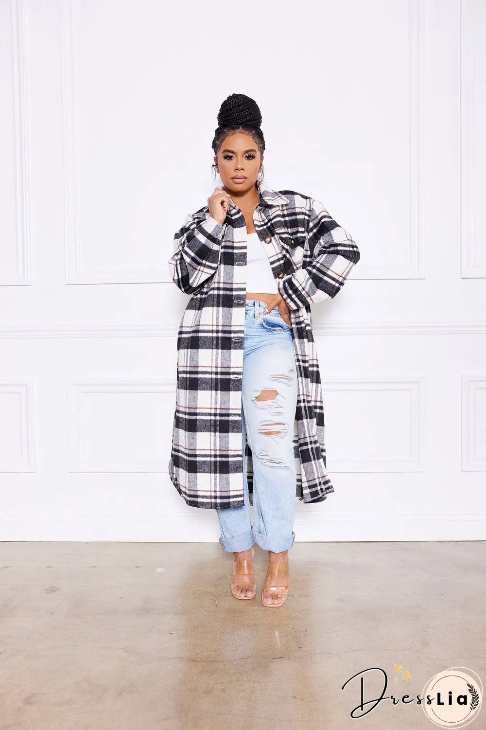 Classic Check Single-breasted Long Woolen Coat