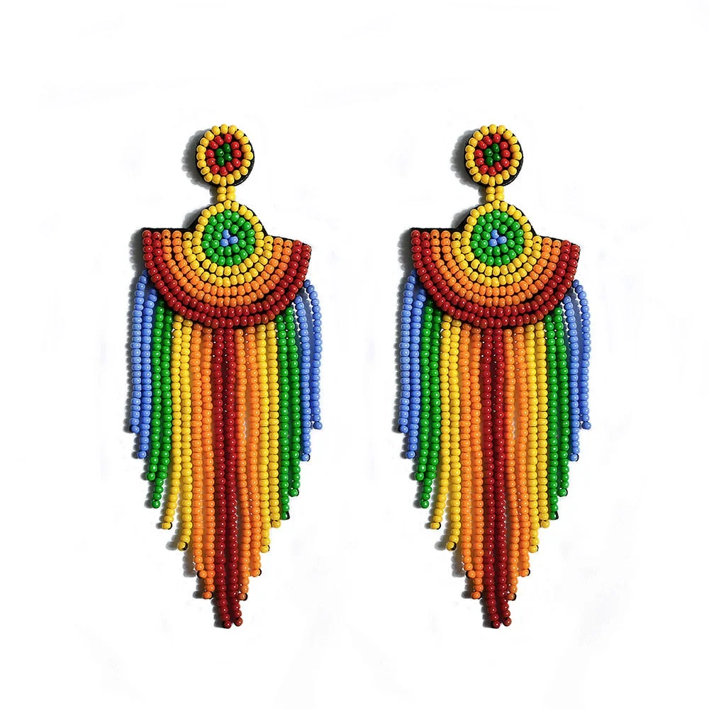 Dvacaman Bohemian Colourful Weave Beaded Flower Statement Drop Earrings Women Ethnic Handmade Seed Beads Dangle Earrings Jewelry