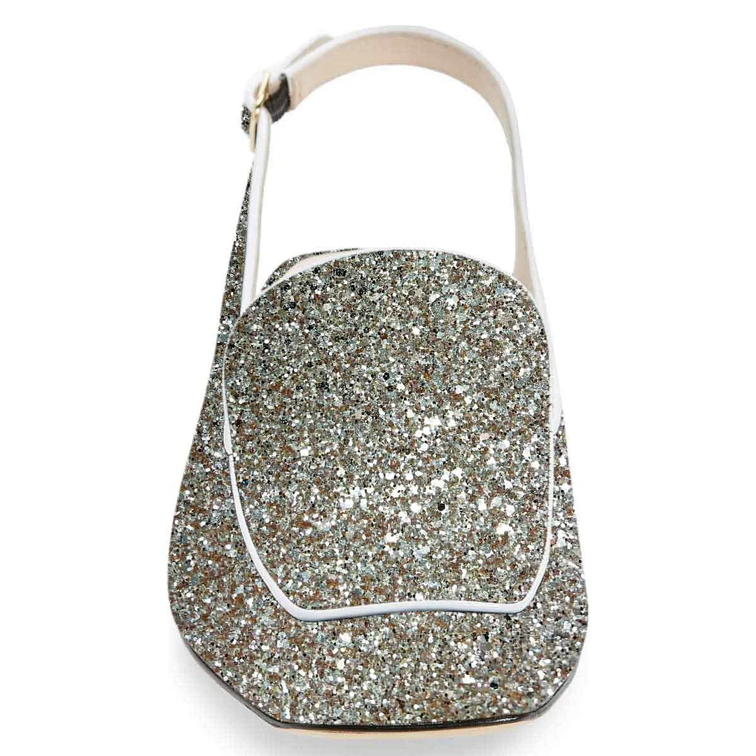 Silver Glitter Square Toe Slingback Chunky Heeled Loafers Women