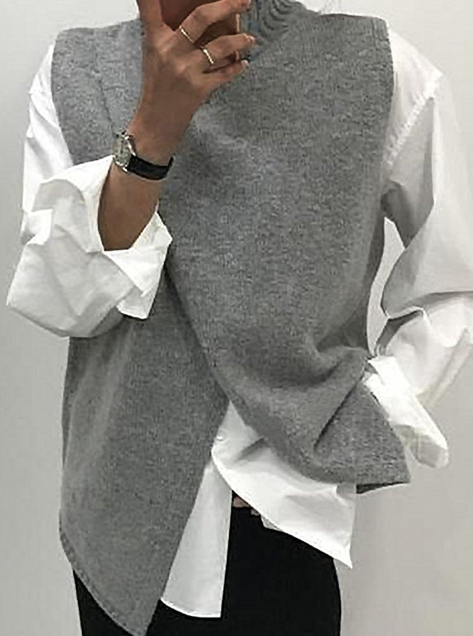 Casual Crew Neck Solid Irregular Knit Top