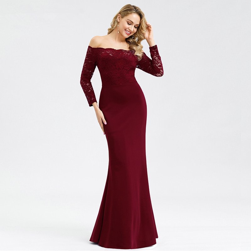 Elegant Off-the-Shoulder Burgundy Evening Gowns Mermaid Lace Long Sleeves Prom Dress