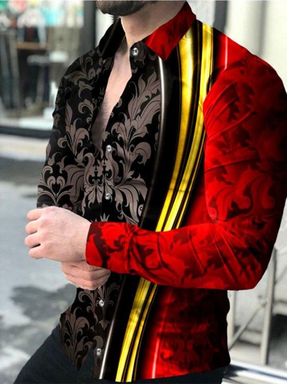 Men's Casual Print Black Long Sleeve Shirts-VESSFUL