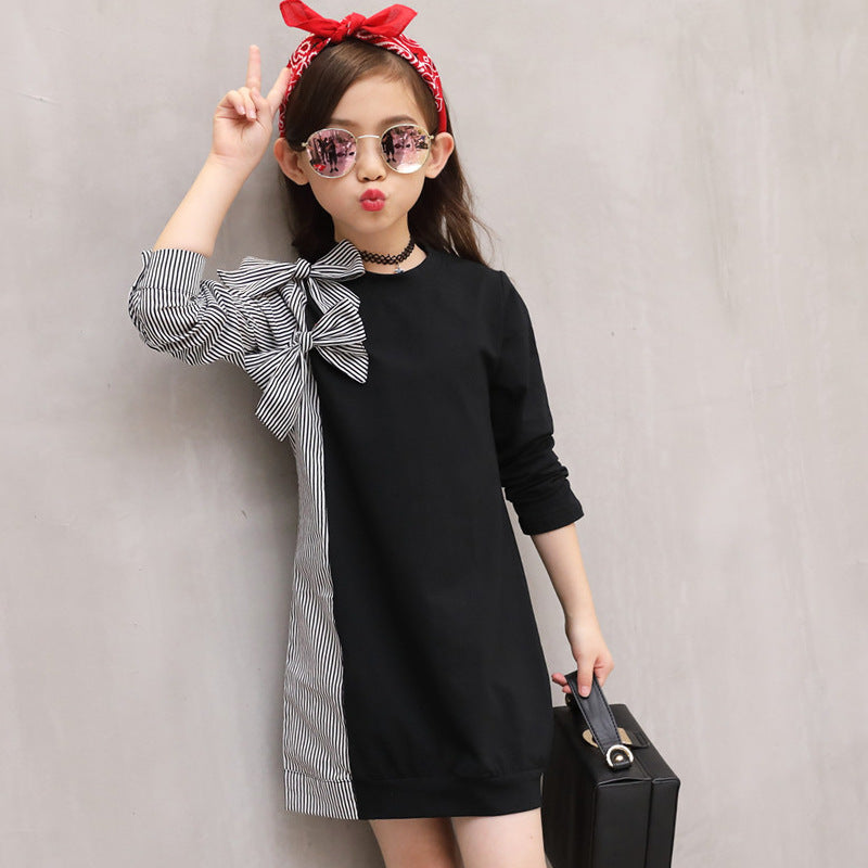 JIOROMY Big Girls Dress  Autumn  Children's Clothing Bow Tie Stitching Stripes Shirt Long Sleeve Dress for Girls-Mayoulove
