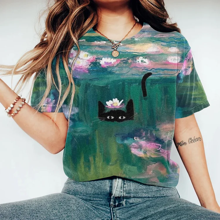Abstract Creative Funny Black Cat In Claude Monet's Waterlily Painting Art T-Shirt