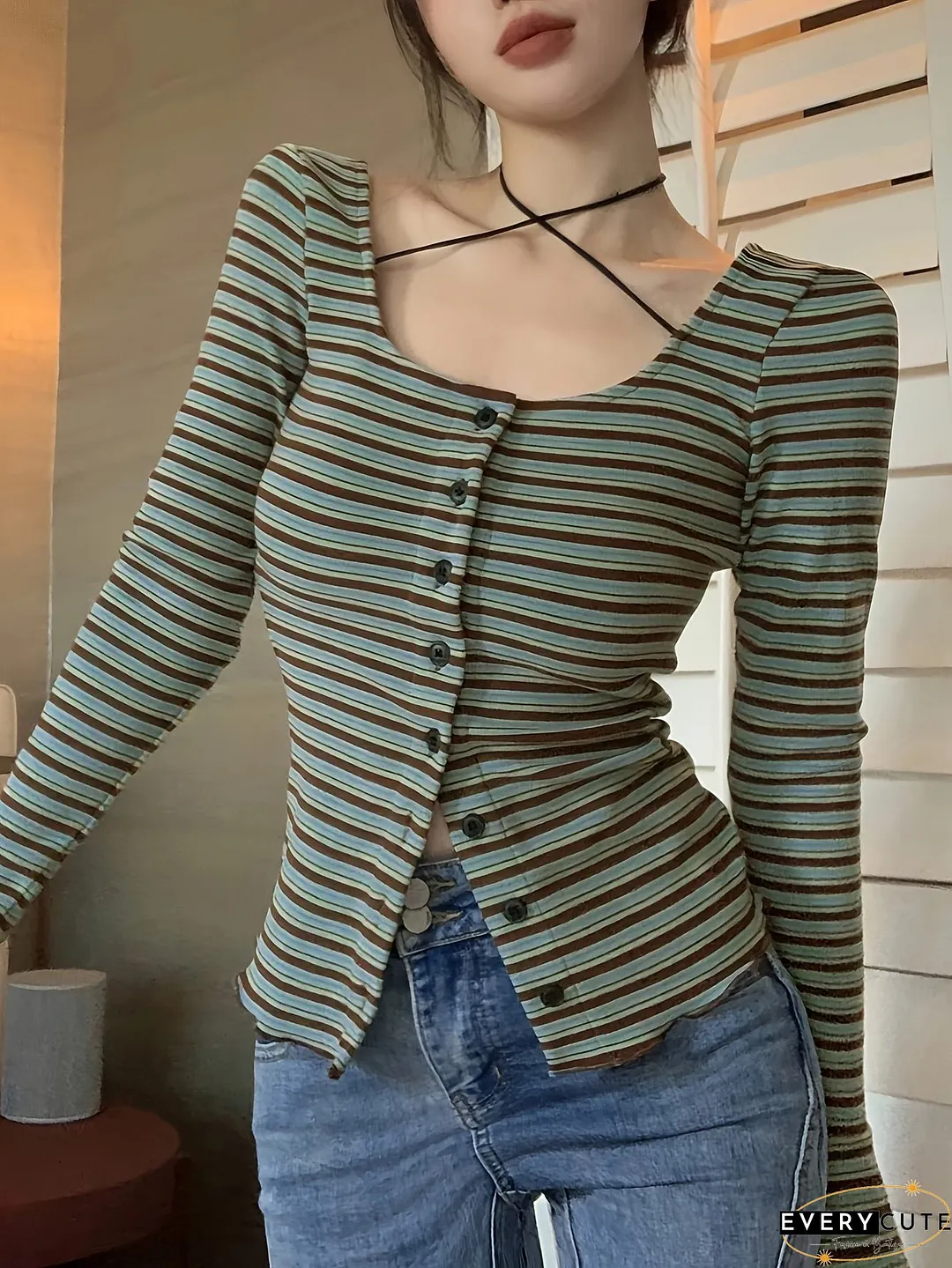 Striped Print Button Front T-Shirt Casual Cross Tie Neck Long Sleeve For Spring Fall