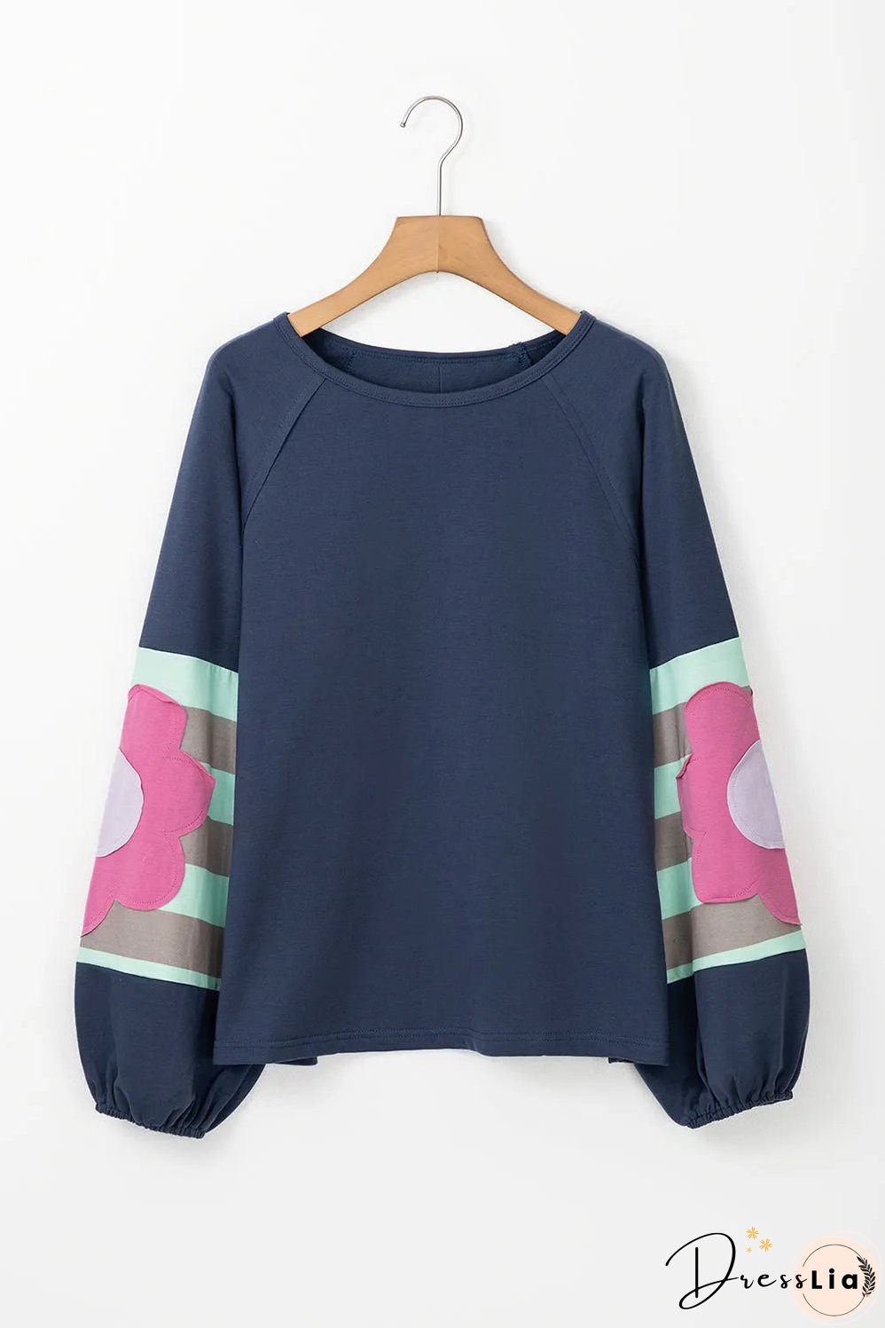 Sail Blue Flower Patchwork Raglan Sleeve Exposed Seam Oversized Top