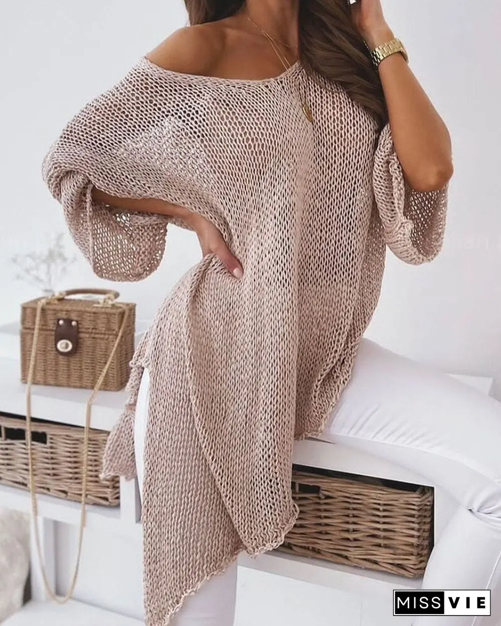 Spring Autumn Solid Color Drop Shoulder Open Knit Long Sleeve Casual Loose Sweater Ladies