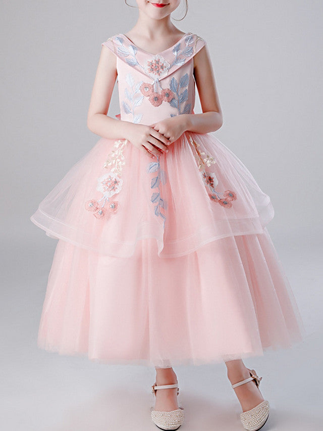 Oknass A-Line Sleeveless V Neck Flower Girl Dresses Tulle With Bow Tier  Embroidery