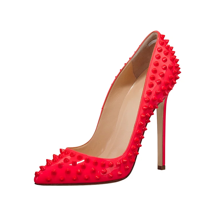 5 Inch Heels Coral Red Pointed Toe Rivets Stiletto Heels Pumps |FSJ Shoes