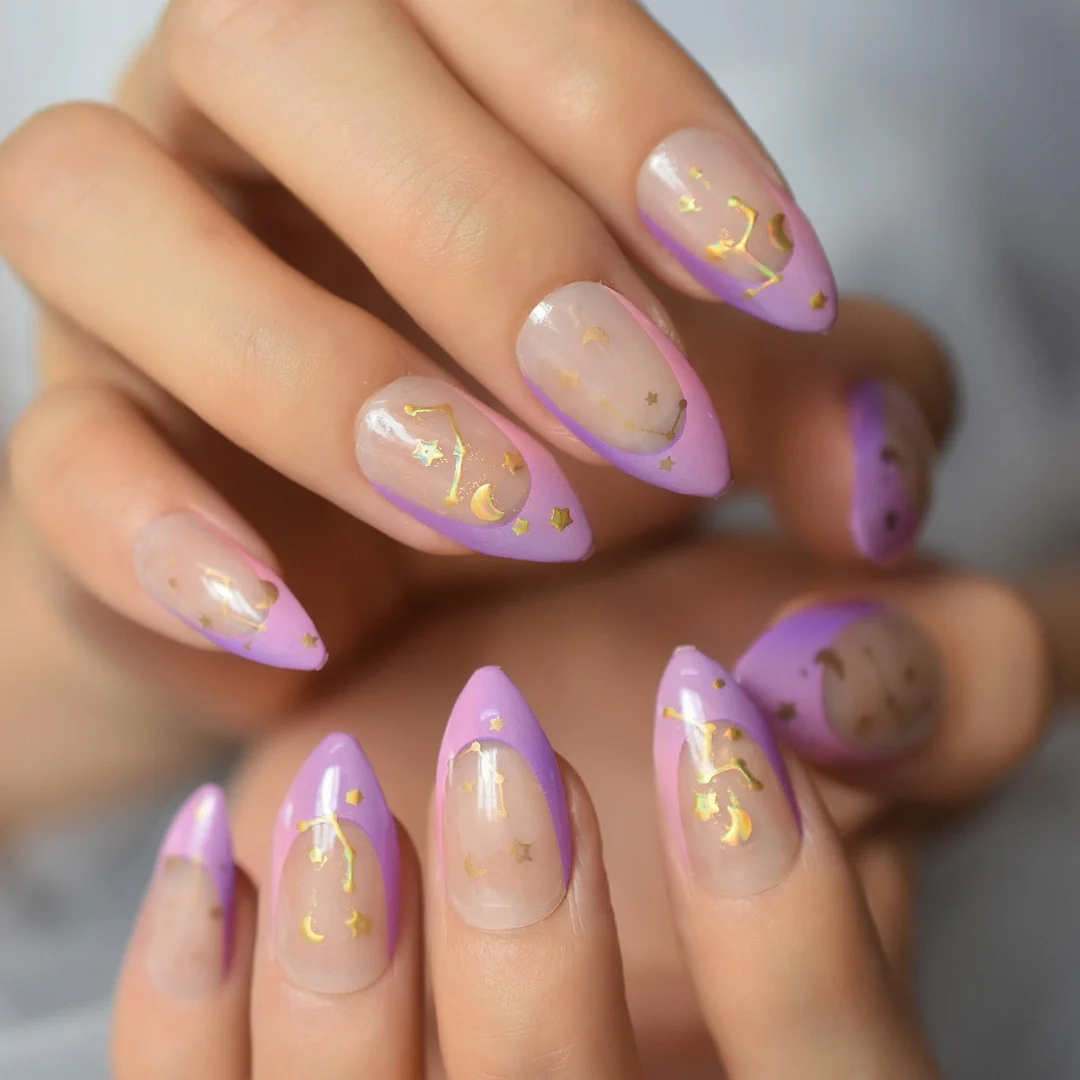 28pcs Nude Purple Short Almond Press on False Nails with Designs Gold Moon Starts Glossy Gel Fake Nails Finger Nail Decorations-Nail Inspo
