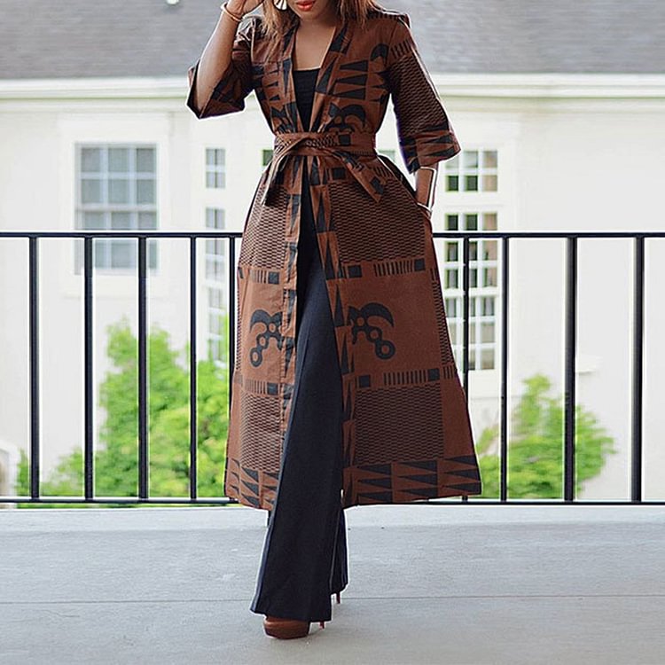 Vefave Casual Brown Print Trench Coat