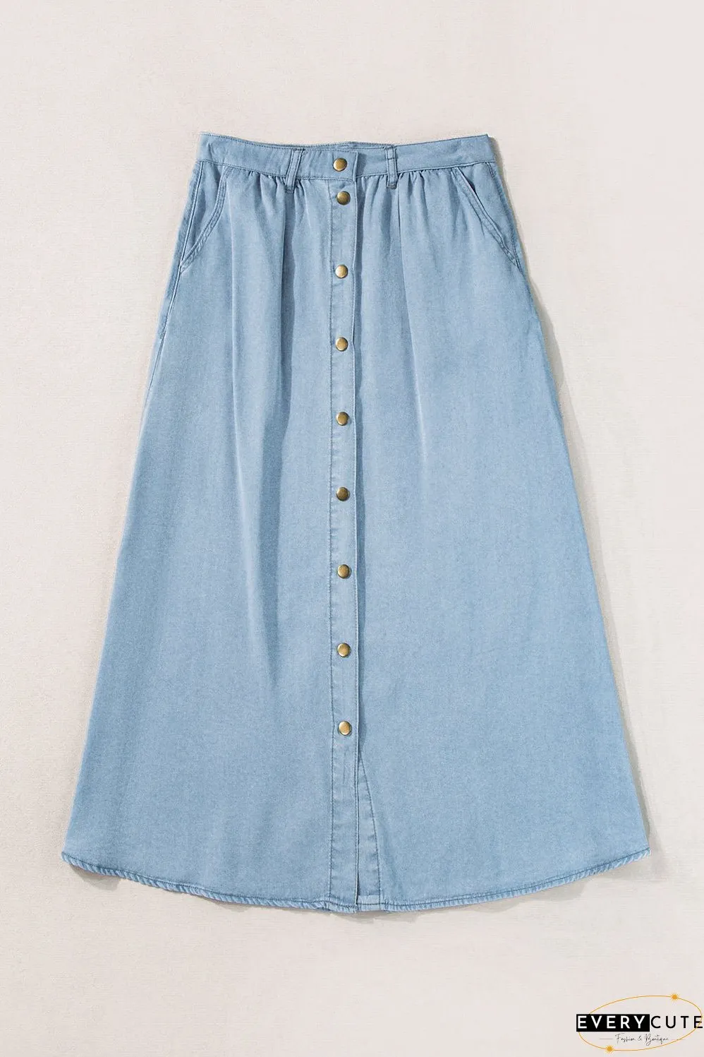 Buttoned Cotton and Linen High-Low A-Line Skirt