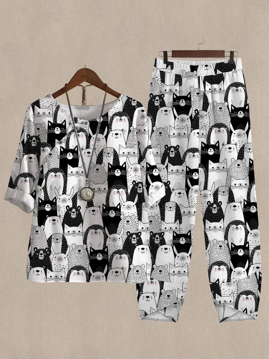 Cartoon Cute Animal Print Top And Pants Two-piece Suits