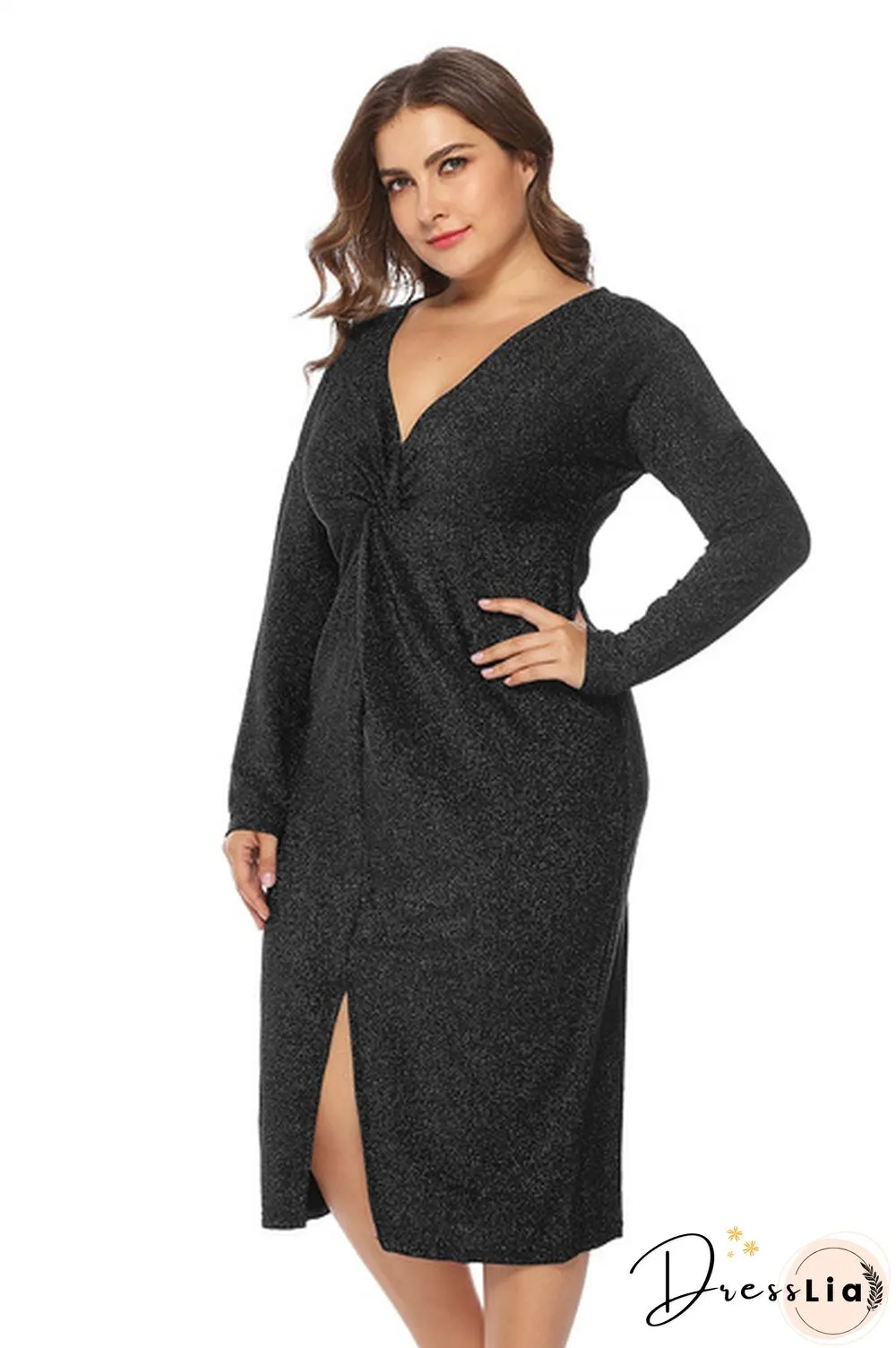 V Neck Long Sleeve Plus Size Metallic Shining Front Gathering Dress