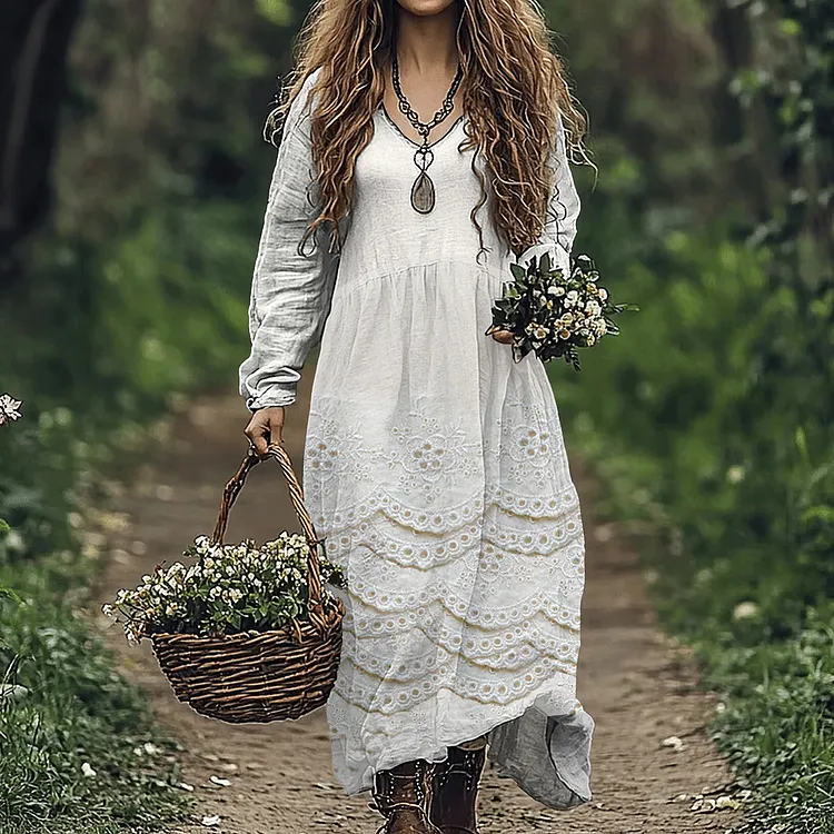 Vintage Floral Lace Embroidered Art Women's Linen Dress