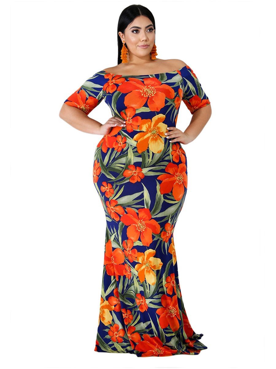 Plus Size Dress Off Shoulder Floral Mermaid Maxi Long Dress