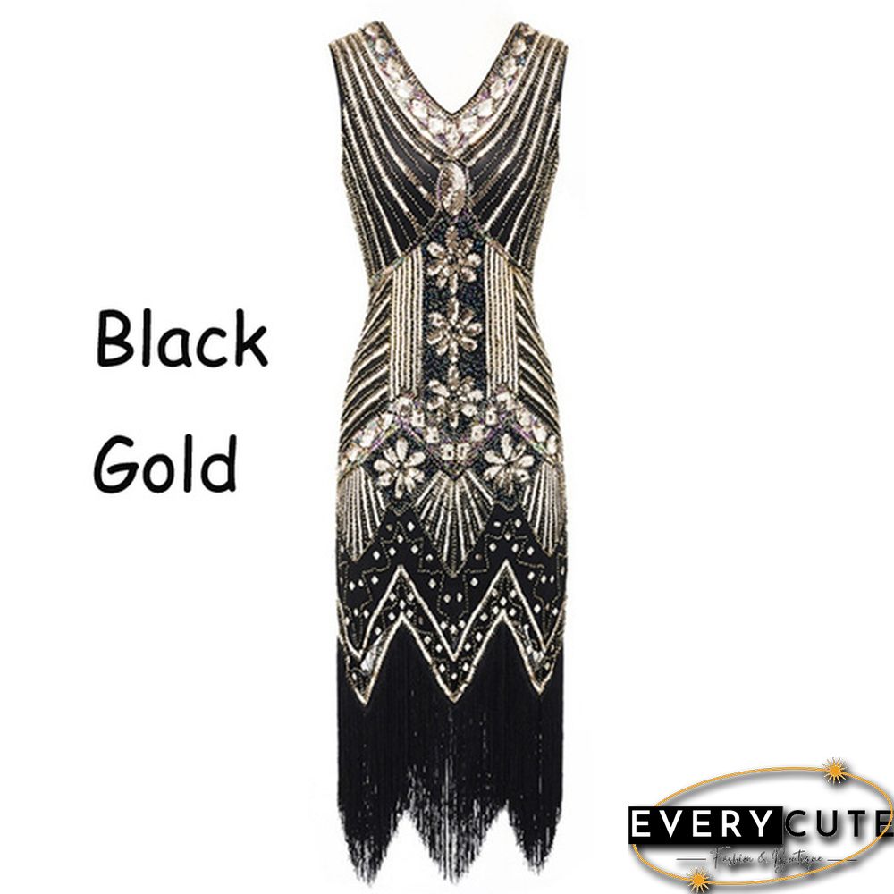 Vintage Dress Great Gatsby Dress 1920S Sequin Flapper Evening Dress Prom Tassel Hem Dress