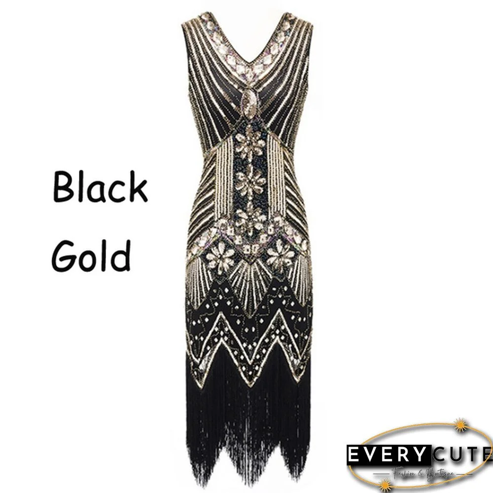 Vintage Dress Great Gatsby Dress 1920S Sequin Flapper Evening Dress Prom Tassel Hem Dress