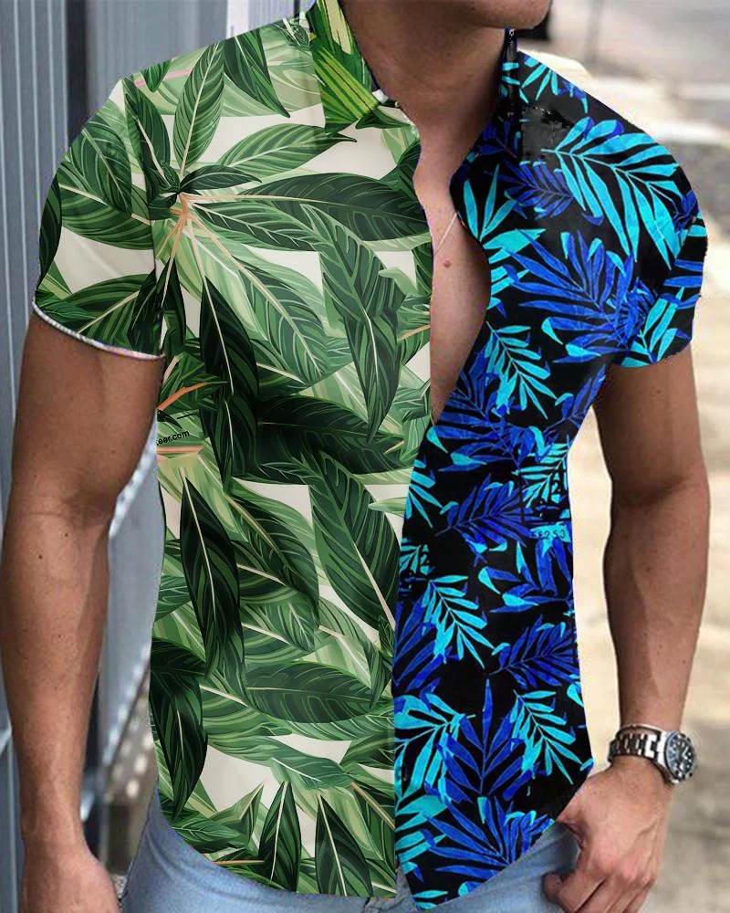 Men's Spliced Flower Shirt Casual Short Sleeve-05