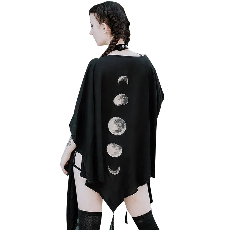 InsGoth Black Capes Coat Vintage Moon Print Gothic Loose Women Batwing Duplex Shawl Long Sleeve Cape Autumn Female Outerwear