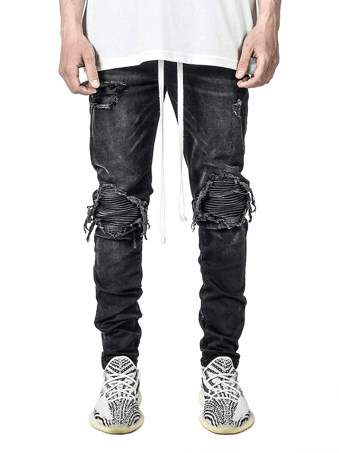 Men's Elastic Denim Pants Locomotive Ripped Black Jeans