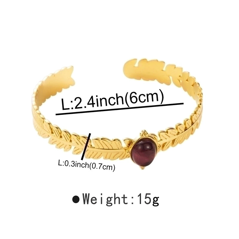 Modern Style Minimalist Leaf Round Stainless Steel Natural Stone Bangle In Bulk
