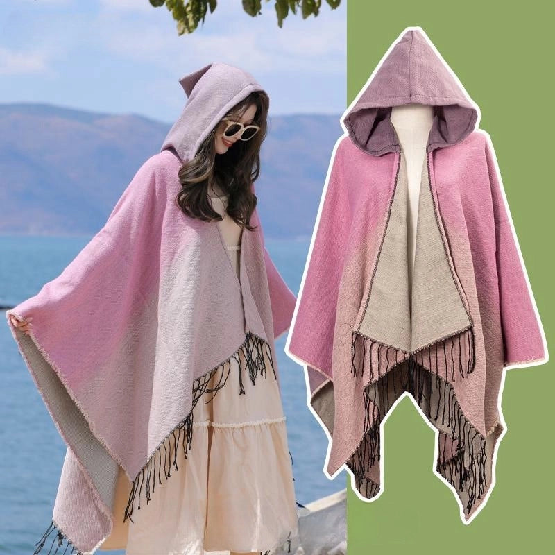 Ethnic Style Hooded Cape Women’s Yunnan Tibet Western Sichuan Grassland Bohemia Travel Wear Scarf Coat