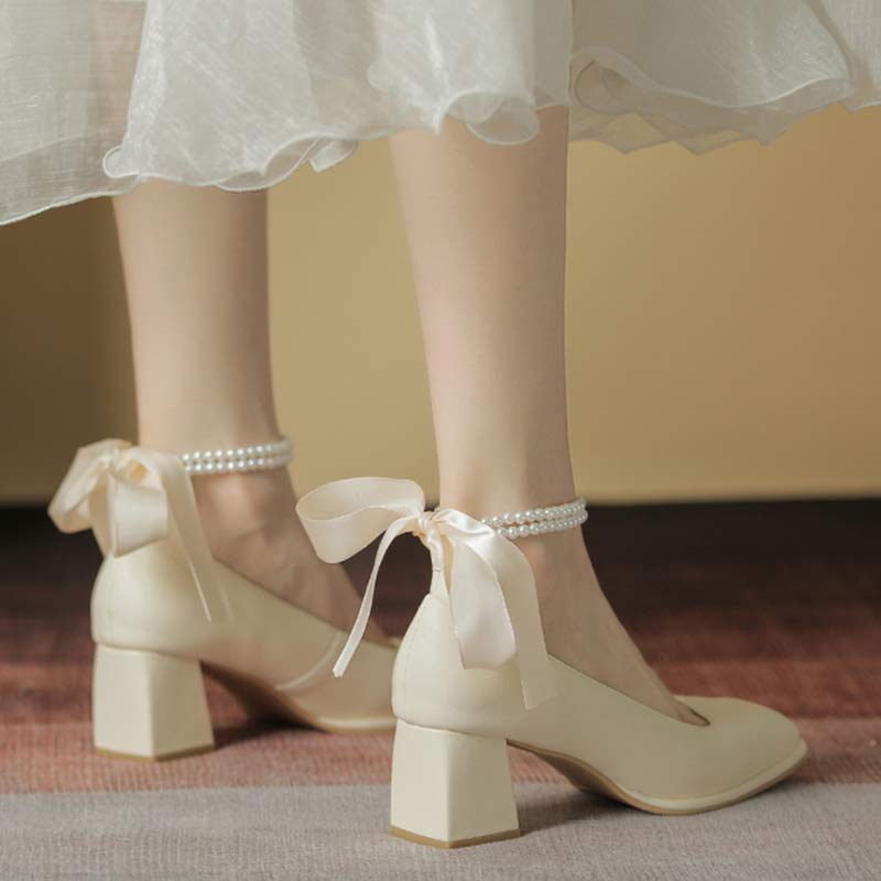 Pearl Bow Mary Janes High-heeled Shoes - Modakawa Modakawa