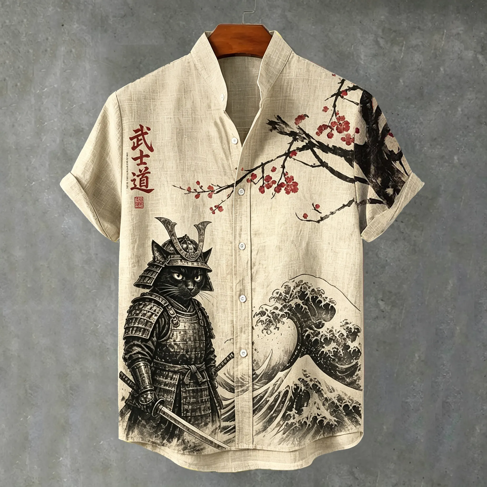 Men's Japanese Art Samurai Black Cat Wave Print Cotton Linen Shirt  artssus